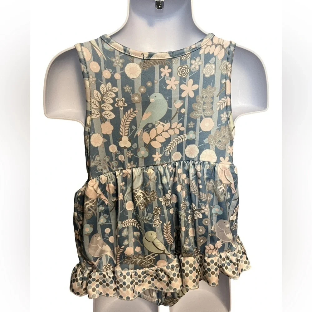Pete and Lucy Blue Gray and White Floral and Bird Tank Romper NWT